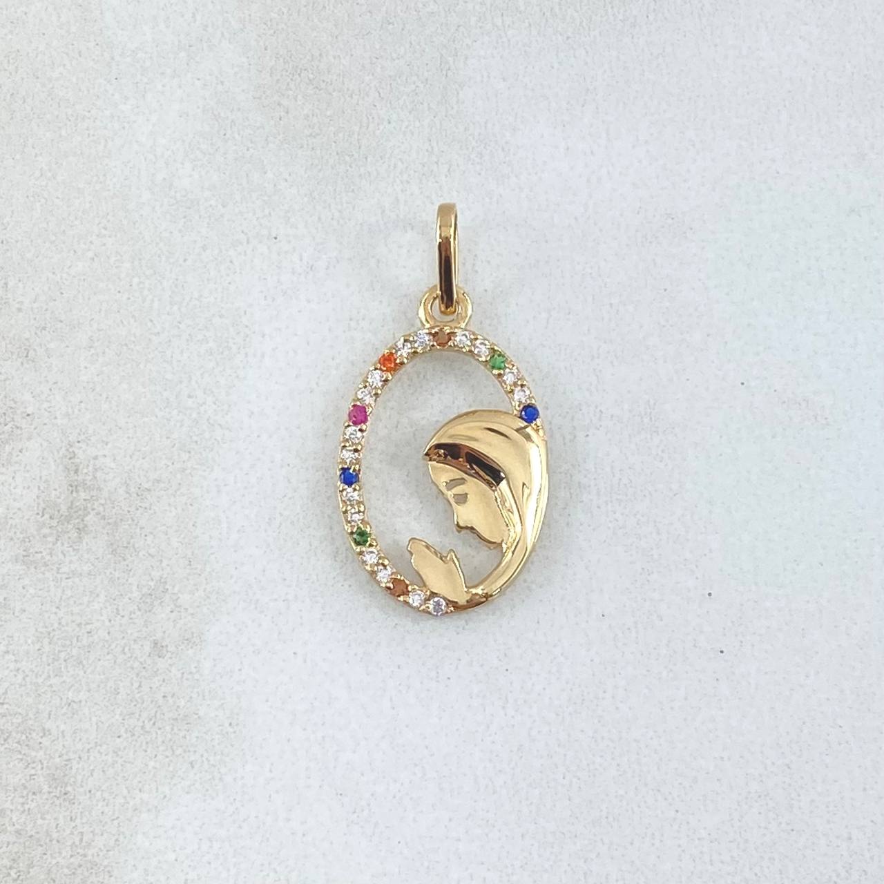 Dije Virgen Maria Circulo Floreado 1gr / 2.4cm / Circones Multicolor Oro Amarillo 18K