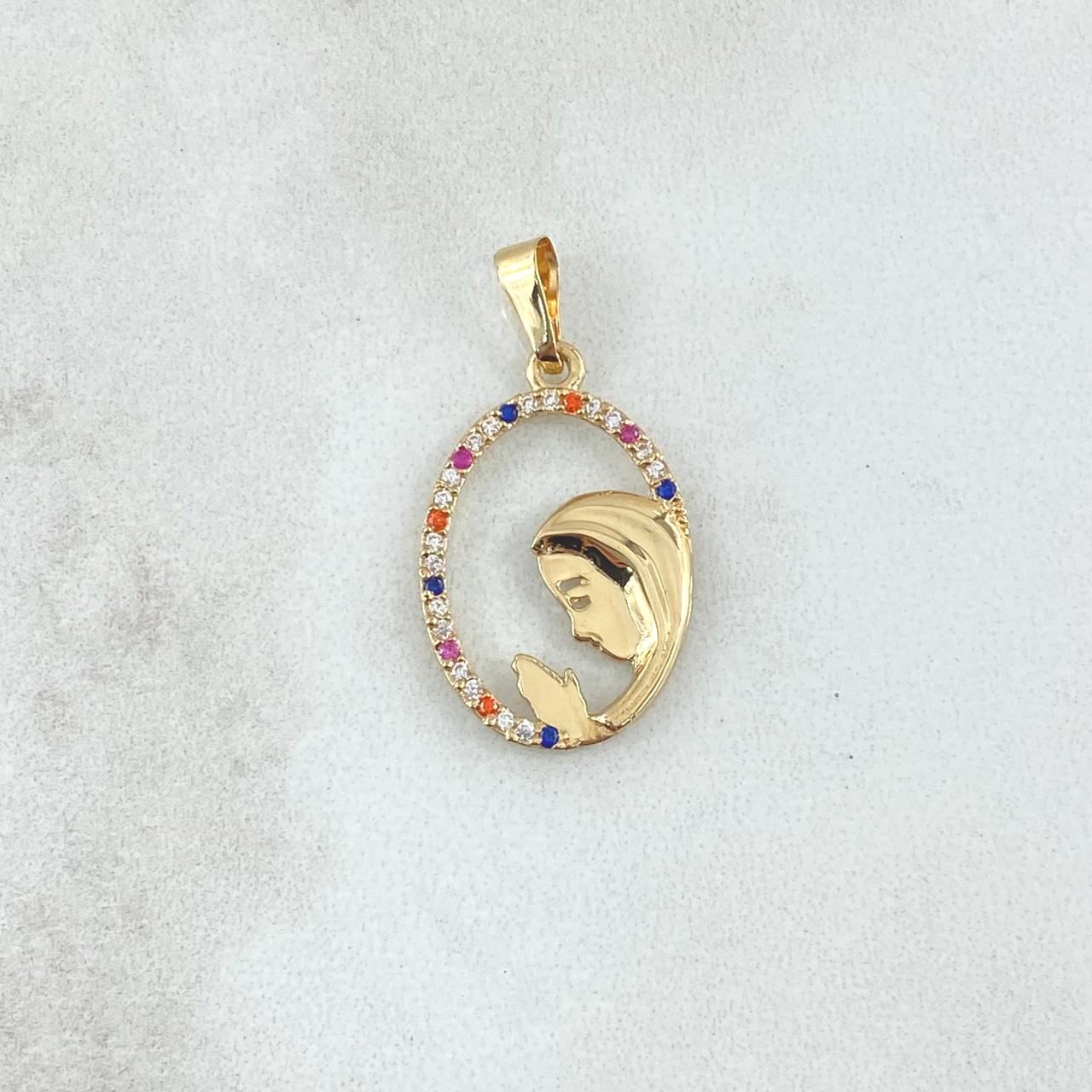 Dije Virgen Maria Circulo Floreado 1.25gr / 2.8cm / Circones Multicolor Oro Amarillo 18K