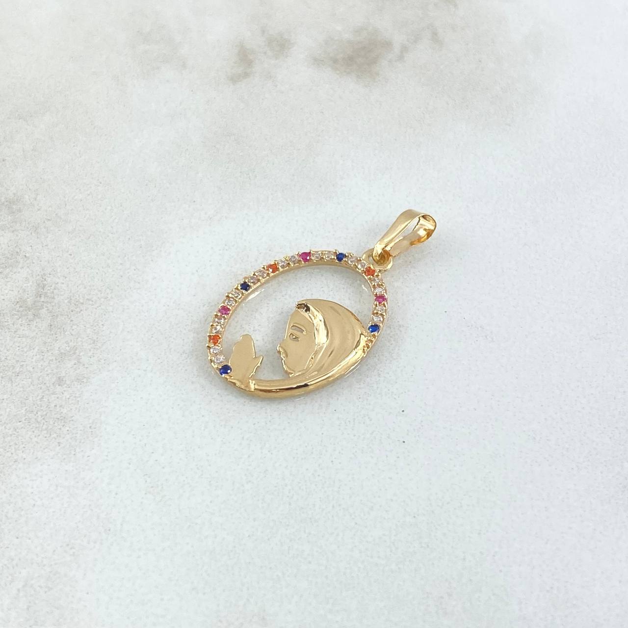 Dije Virgen Maria Circulo Floreado 1.25gr / 2.8cm / Circones Multicolor Oro Amarillo 18K
