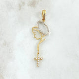 Dije Virgen Denario 2.55gr / 5.5cm / Crúz Circones Blancos Oro Amarillo 18K