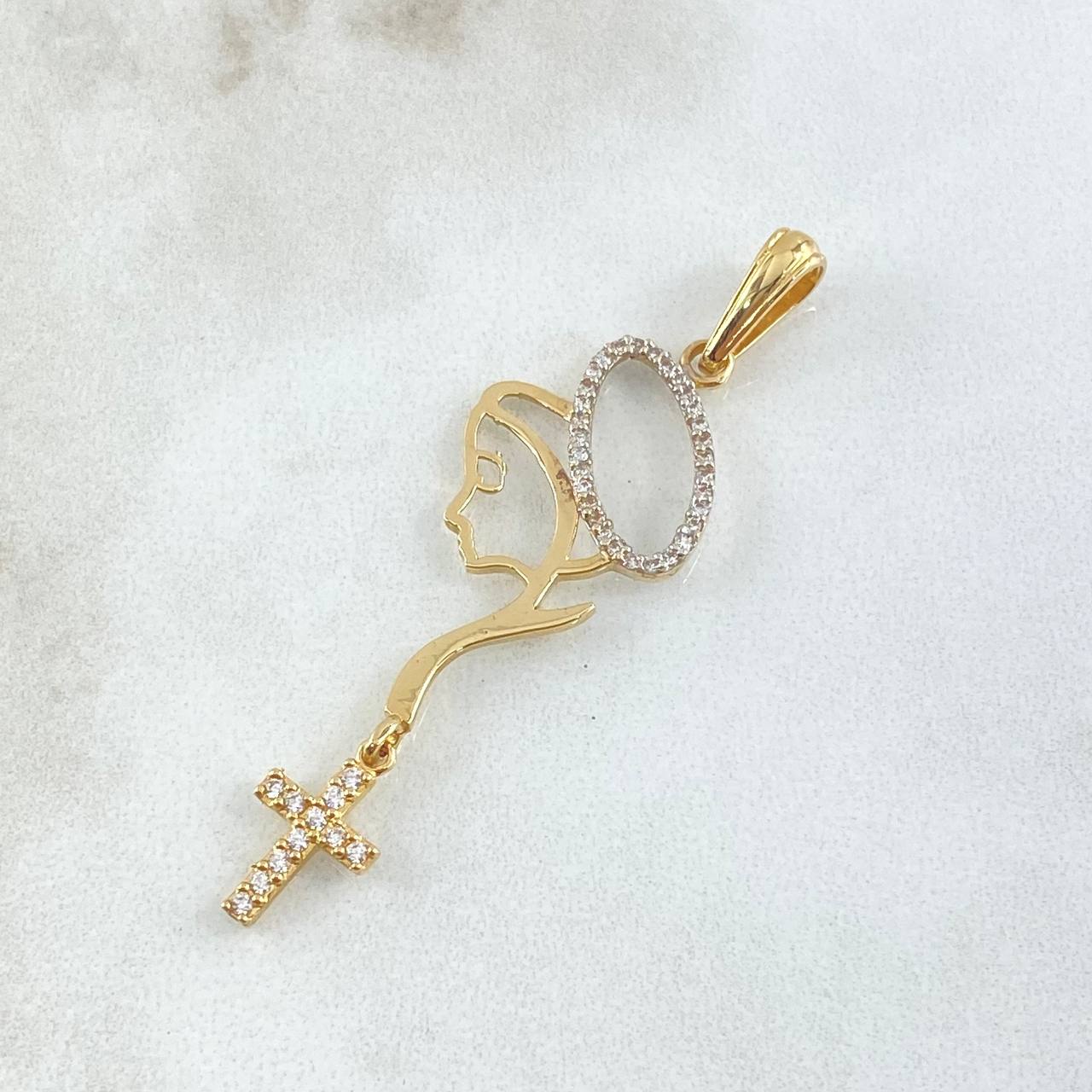 Dije Virgen Denario 2.5gr / 5.5cm / Crúz Circones Blancos Oro Amarillo 18K