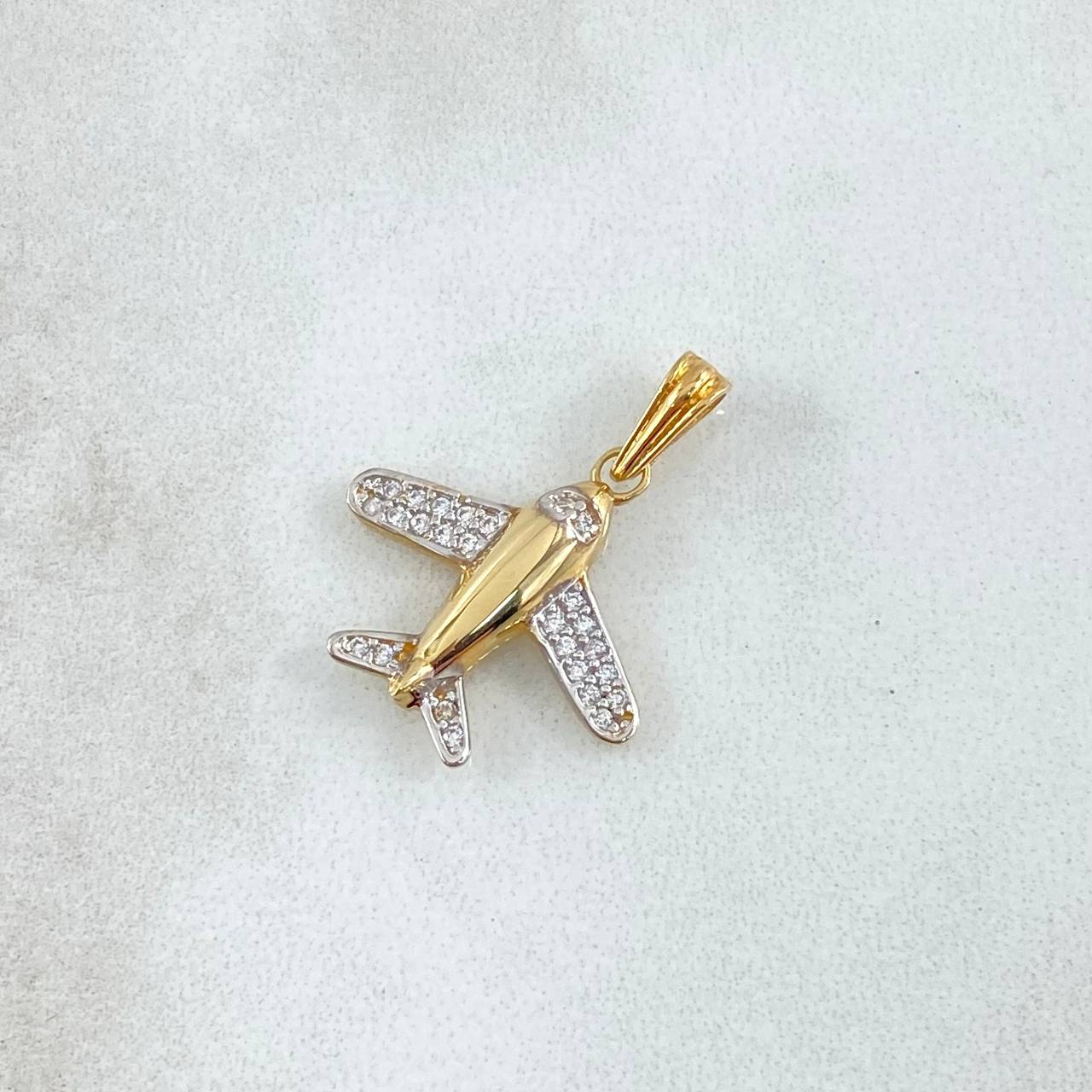 Dije Avión 1.35gr / 2.2cm / Circones Blancos Dos Oros Amarillo Blanco 18K