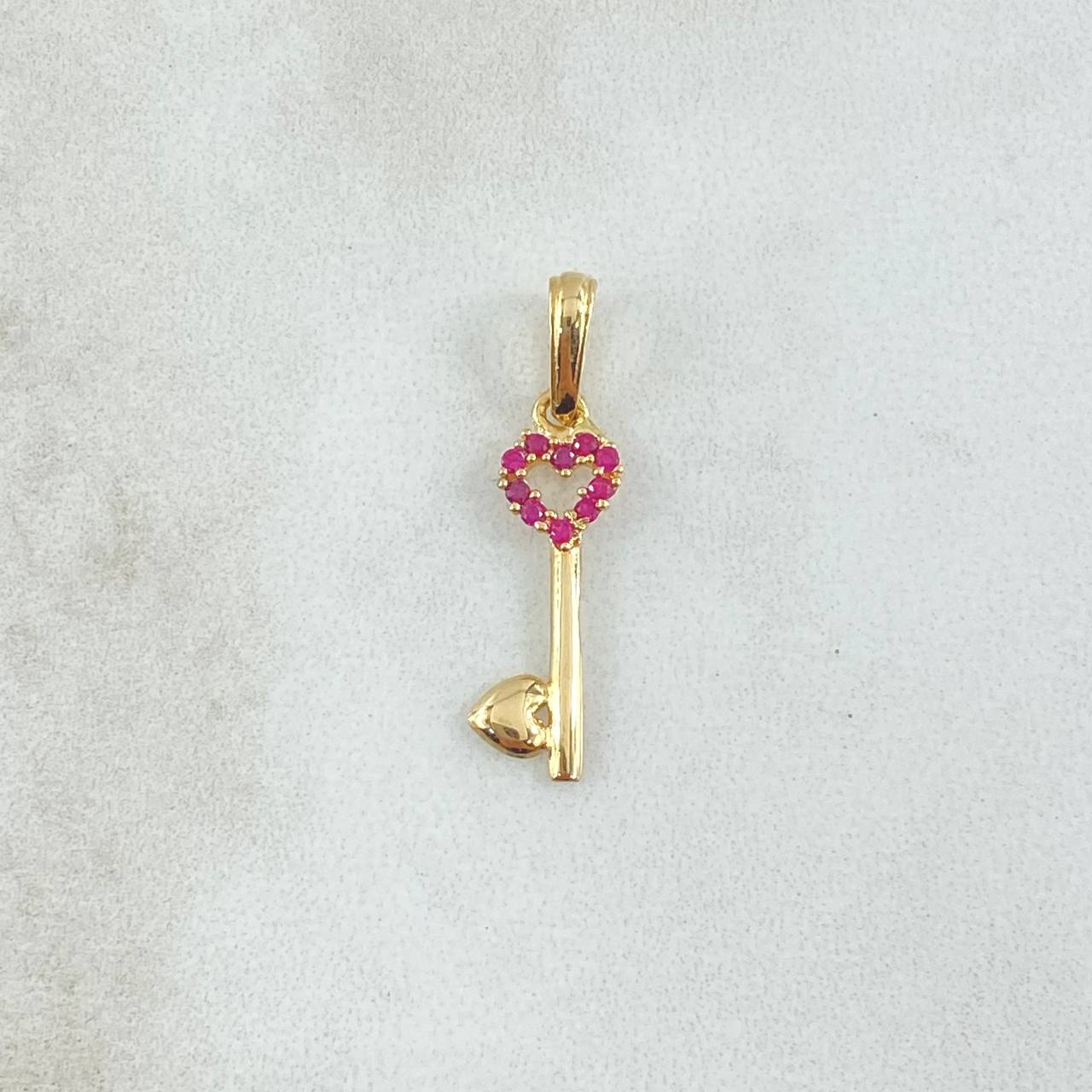 Pendant Hollow Heart Key 0.75gr / 2.6cm / Fuchsia Zircons 18K Yellow Gold