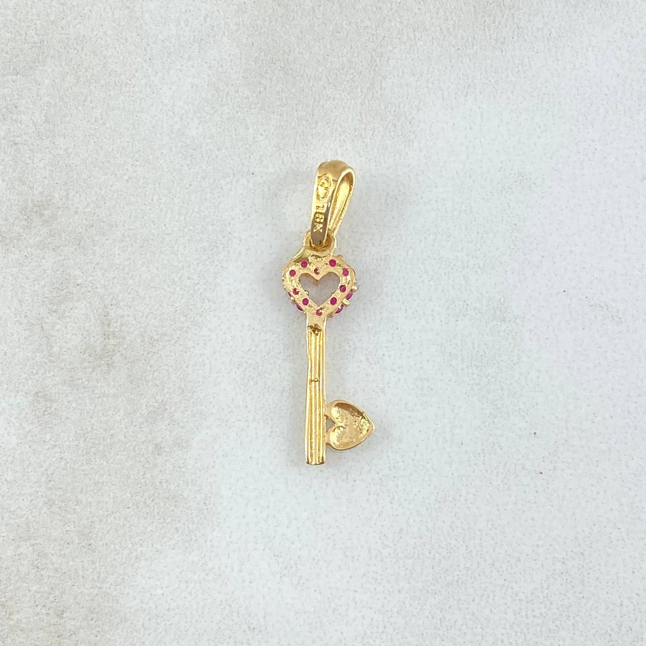 Pendant Hollow Heart Key 0.75gr / 2.6cm / Fuchsia Zircons 18K Yellow Gold