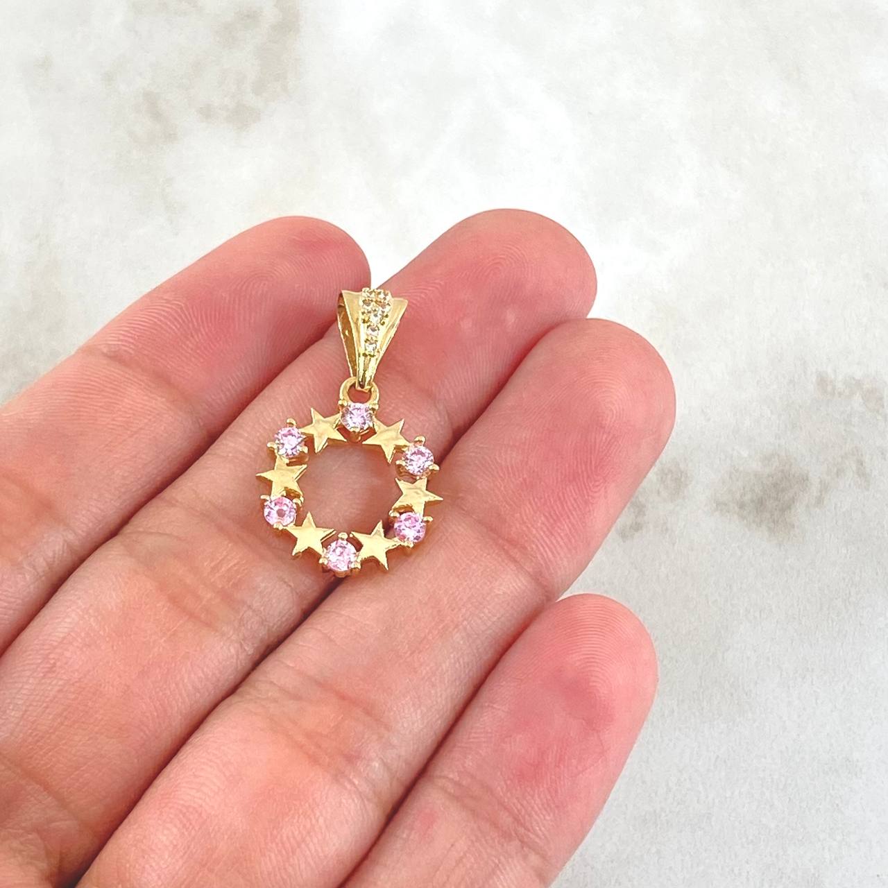 Pendant Star-Shaped Hoop 1.85gr / 2.5cm / White Zircons Pink 18K Yellow Gold