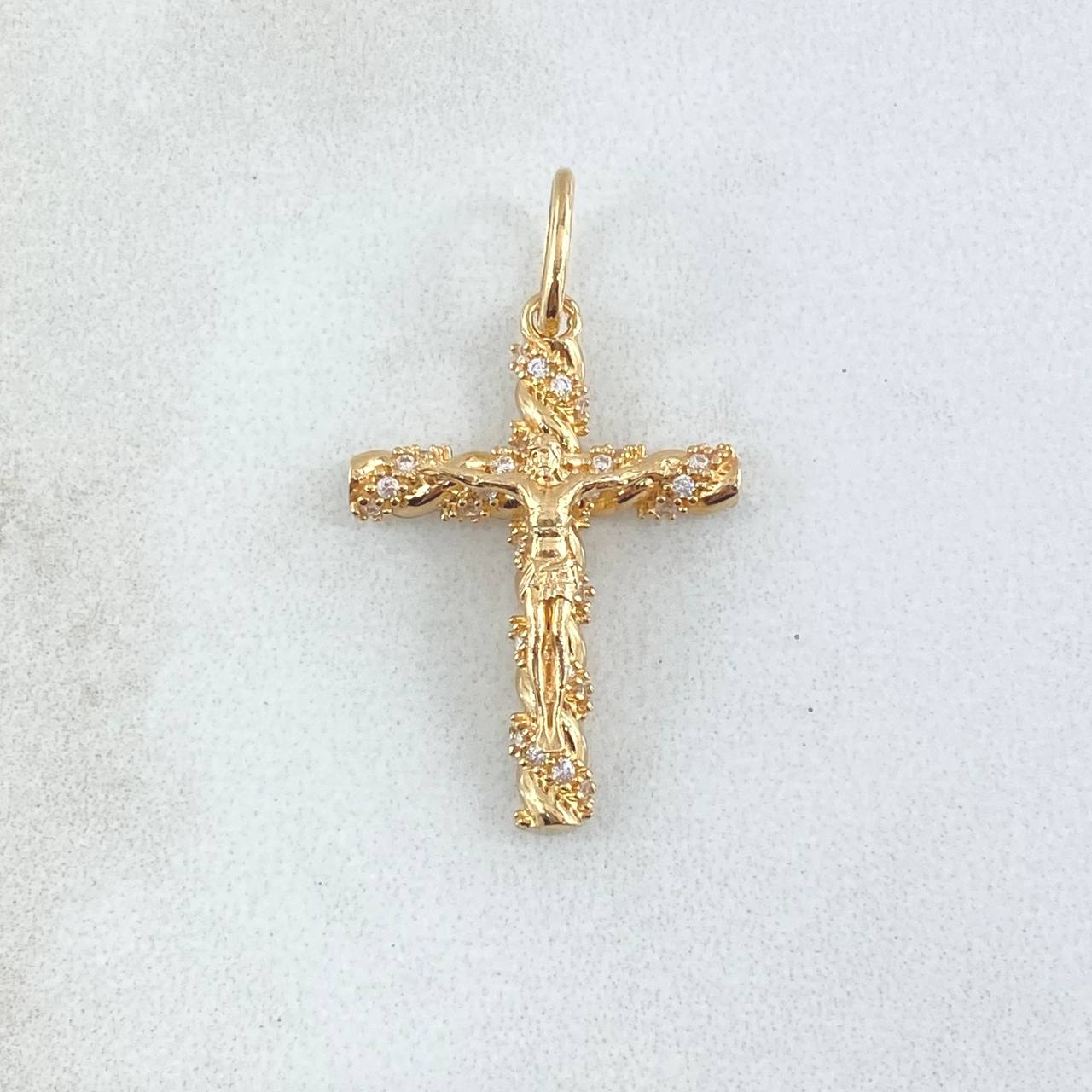 Dije Crúz Cristo Espiralizado 2.15gr / 3cm / Circones Blancos Oro Amarillo 18K