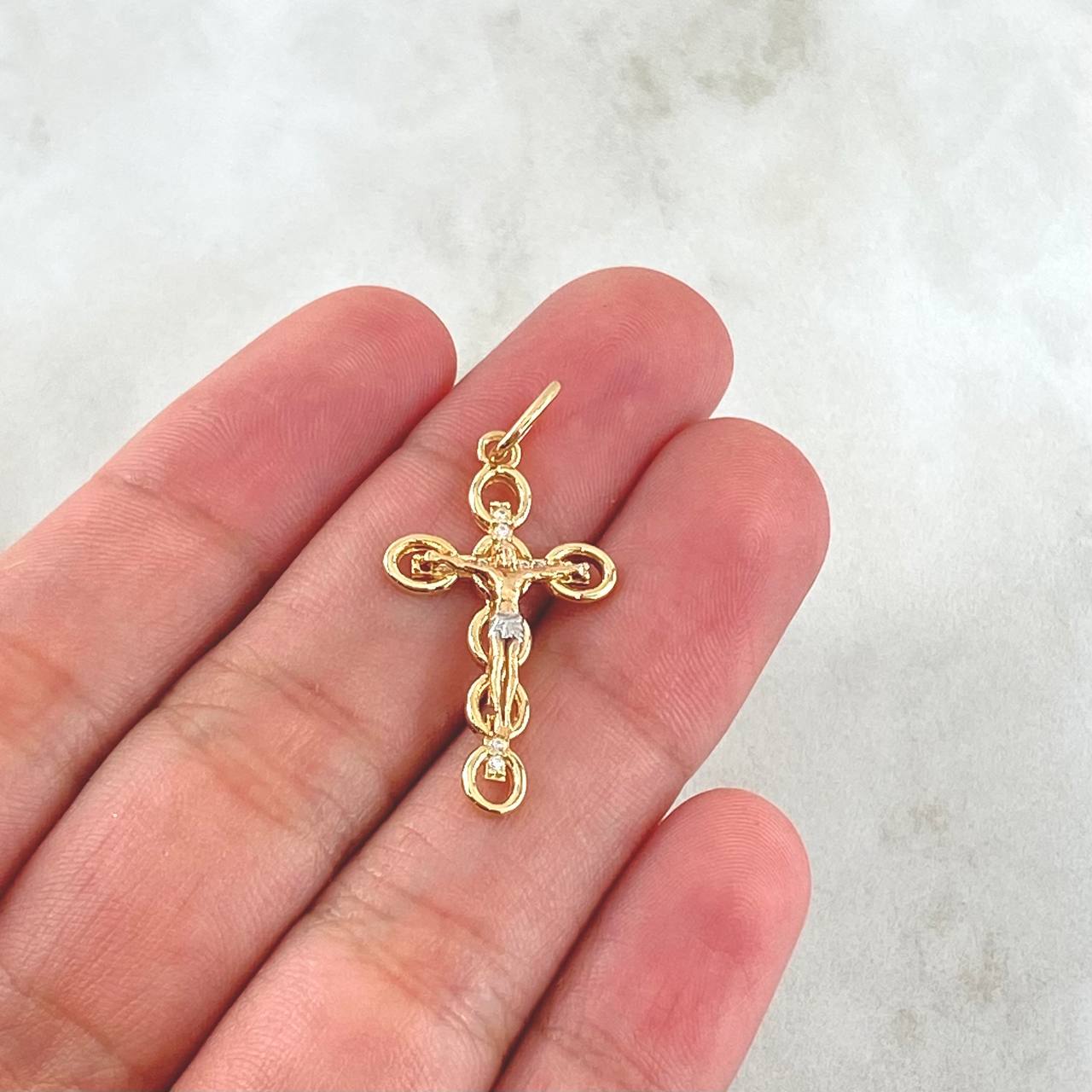 Pendant Crúz Cristo Burbujas Basteados 1.85gr / 3.4cm / White Zircons Two 18K Yellow and White Golds
