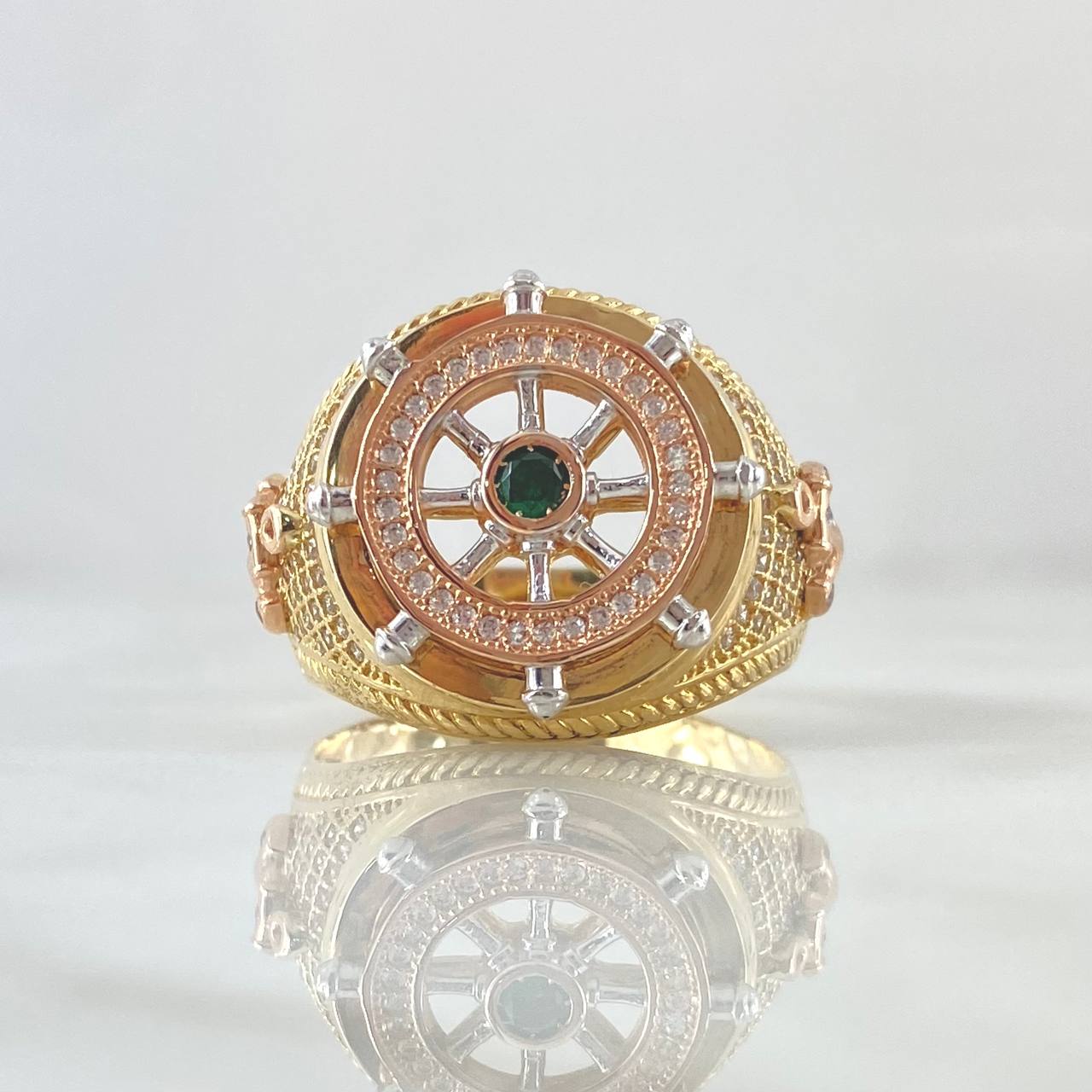 Anillo Timón Movil 12.45gr / T11 / Circones Blancos Verde   Tres Oros 18K