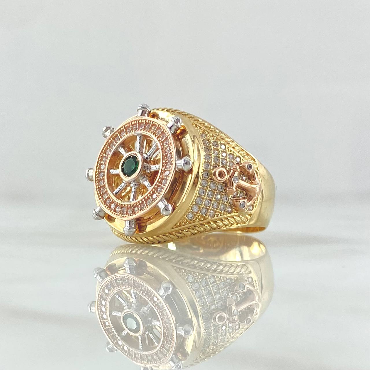 Anillo Timón Movil 12.45gr / T11 / Circones Blancos Verde   Tres Oros 18K