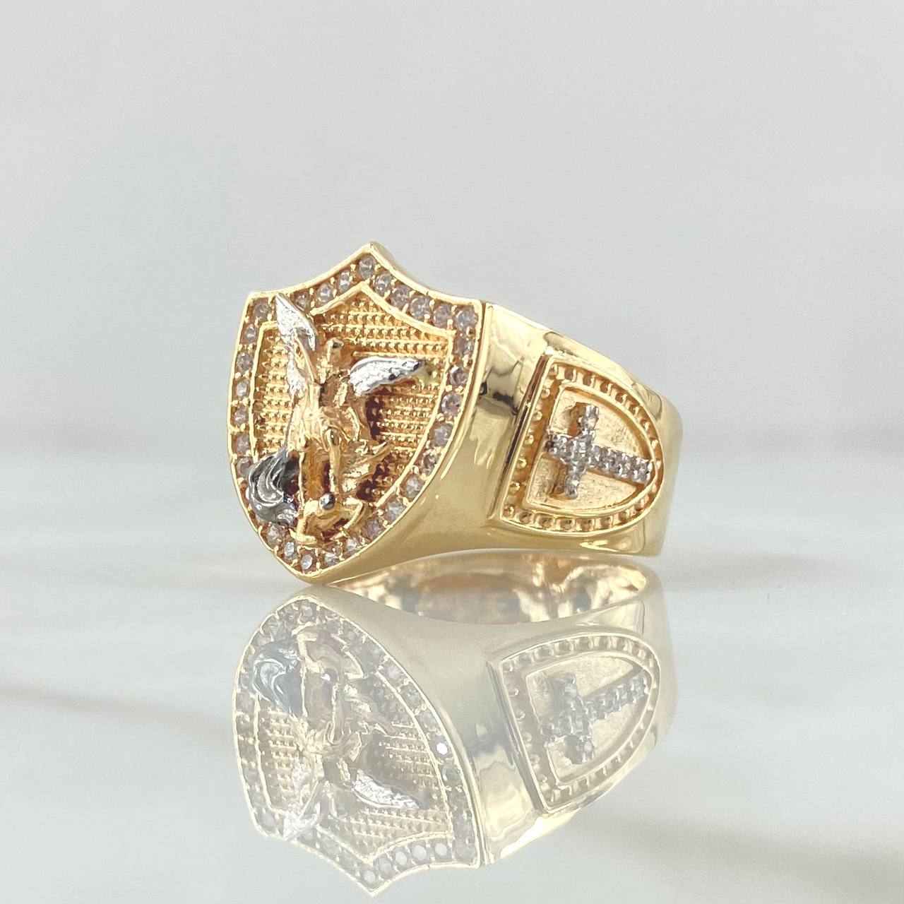 Archangel Saint Michael Shield Ring Cross 6.85gr / Size 11 / White Zircons Two-tone Yellow and White 18K Gold