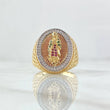 Virgin Guadalupe Mesh Ring 9.15gr / Size 10 1/2 / White, Green, Fuchsia Zircons Three 18K Golds