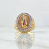 Virgin Guadalupe Mesh Ring 9.15gr / Size 10 1/2 / White, Green, Fuchsia Zircons Three 18K Golds