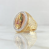 Virgin Guadalupe Mesh Ring 9.15gr / Size 10 1/2 / White, Green, Fuchsia Zircons Three 18K Golds
