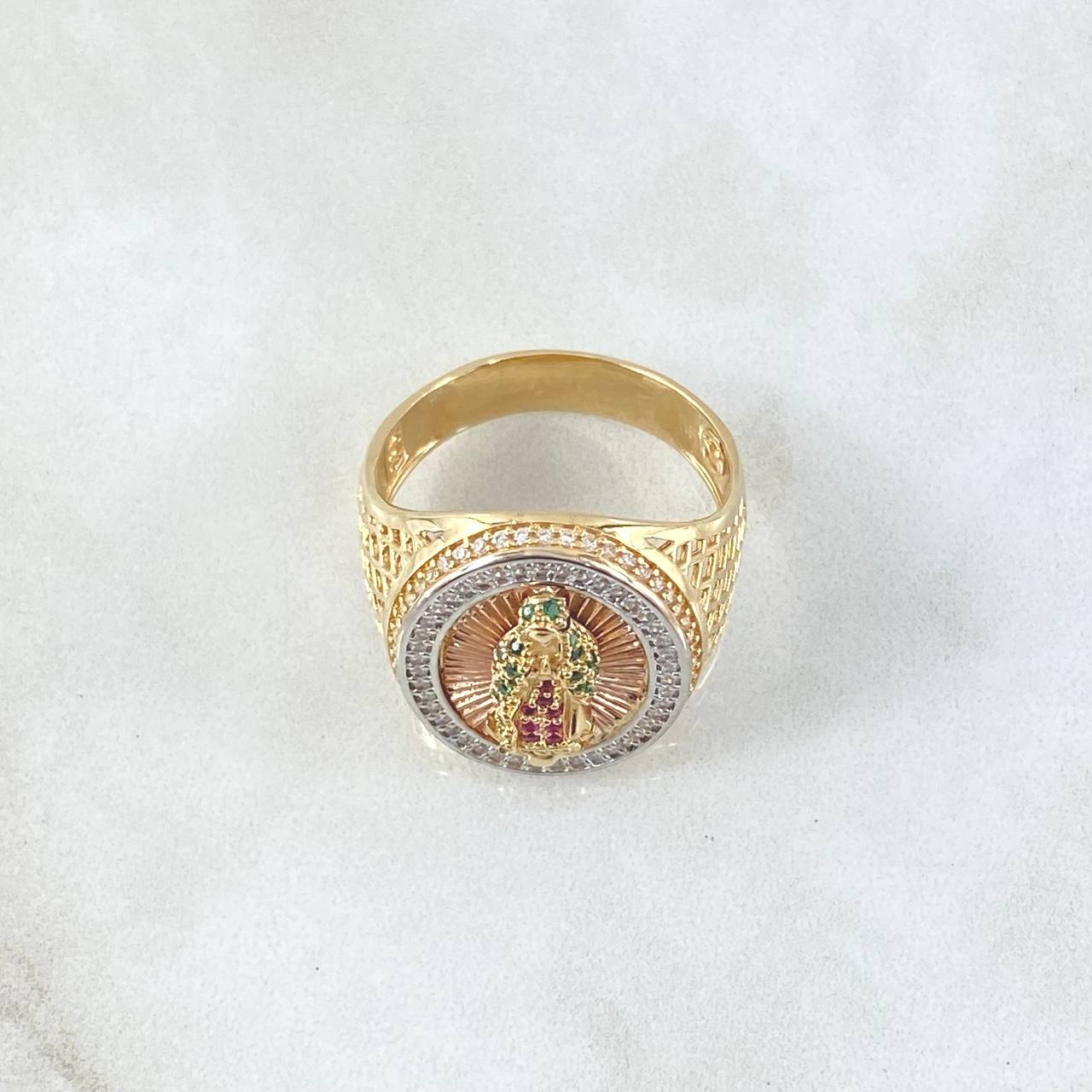 Virgin Guadalupe Mesh Ring 9.15gr / Size 10 1/2 / White, Green, Fuchsia Zircons Three 18K Golds