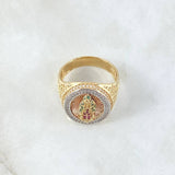 Virgin Guadalupe Mesh Ring 9.15gr / Size 10 1/2 / White, Green, Fuchsia Zircons Three 18K Golds