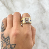 Anillo Burbuja Carriles Laterales Movil 9.05gr / T11 / Circones Blancos Azules Tres Oros 18K