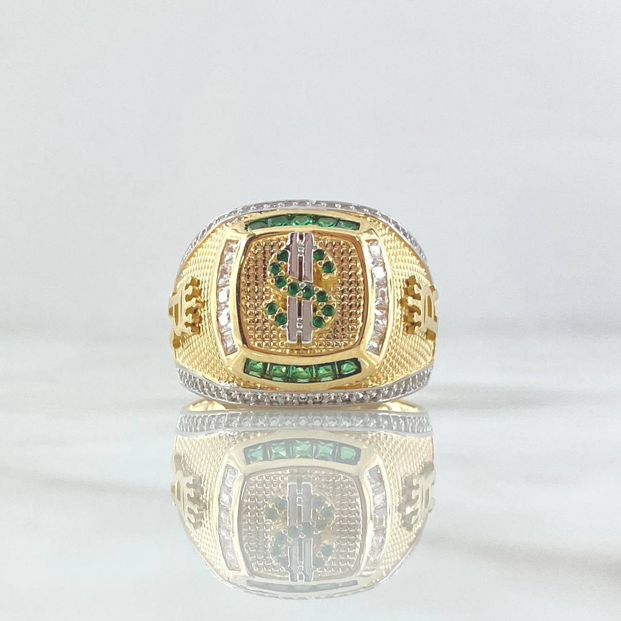 Signet Ring Dollar Sign 11.25gr / T10 3/4 / Bulging White and Green Zircons Two 18K Yellow and White Golds ©