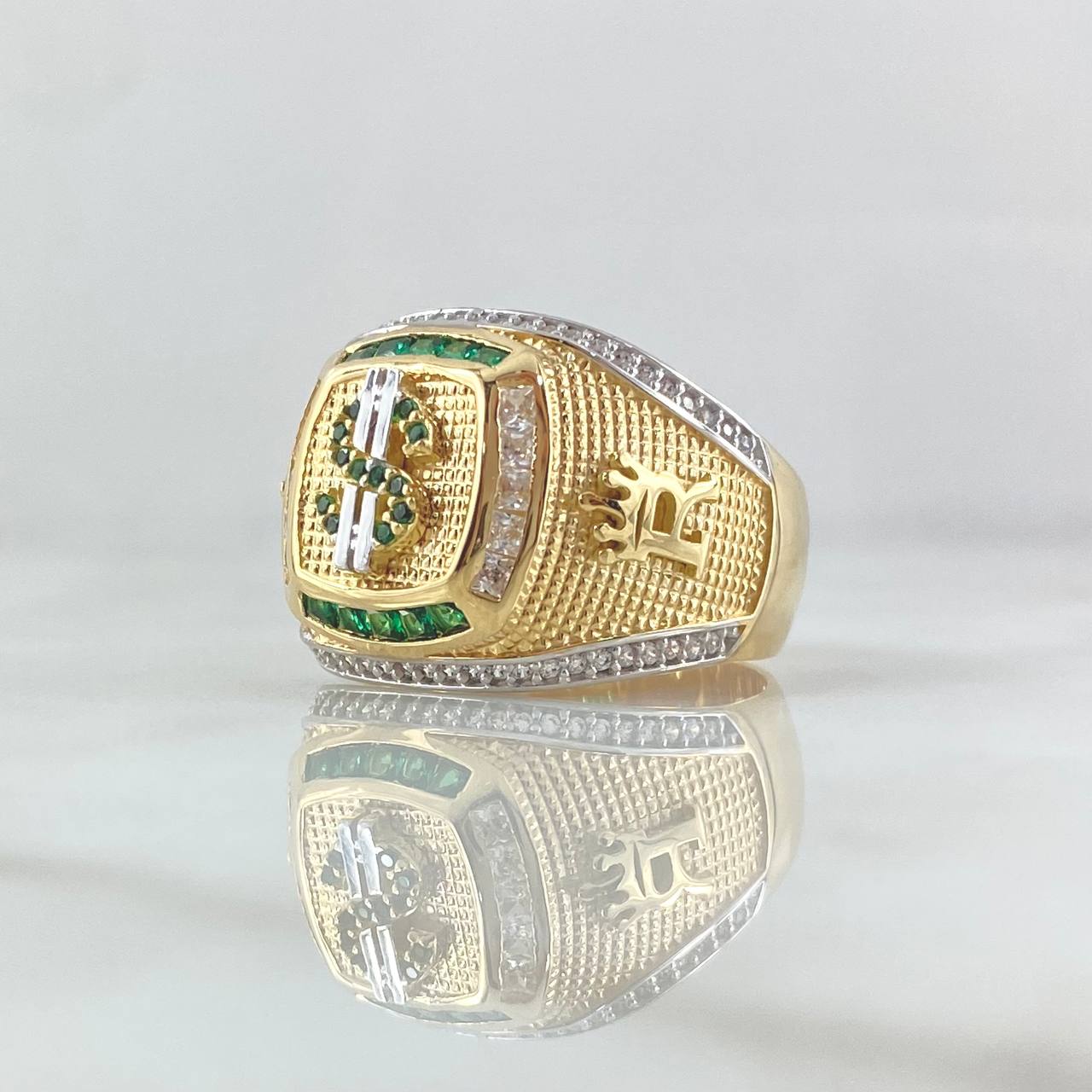 Signet Ring Dollar Sign 11.25gr / T10 3/4 / Bulging White and Green Zircons Two 18K Yellow and White Golds ©