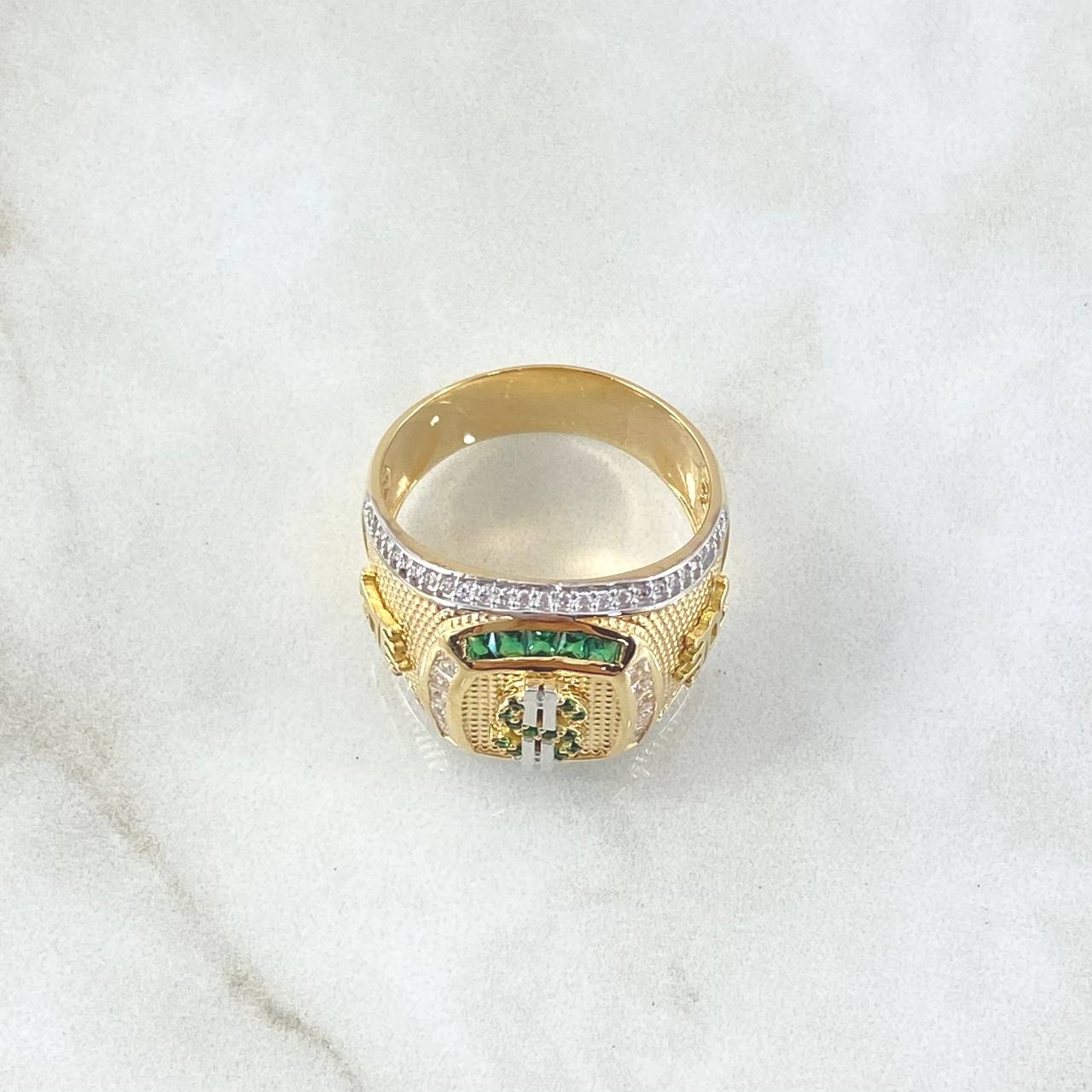 Signet Ring Dollar Sign 11.25gr / T10 3/4 / Bulging White and Green Zircons Two 18K Yellow and White Golds ©