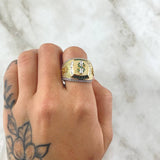 Signet Ring Dollar Sign 11.25gr / T10 3/4 / Bulging White and Green Zircons Two 18K Yellow and White Golds ©