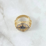 Anillo Brujula Enmallada 9.25gr / T9 1/2 / Circones Blancos Dos Oros Amarillo Blanco 18K ©
