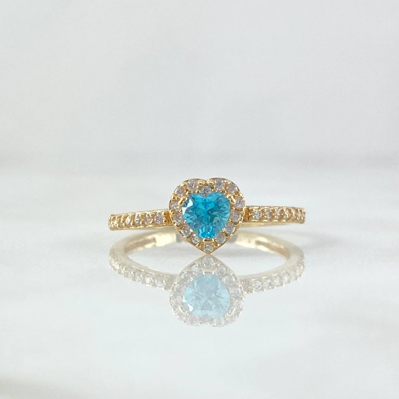 Ring Solitaire Halo Heart 1.7gr / T5 / White Sky Blue Zircons 18K Yellow Gold