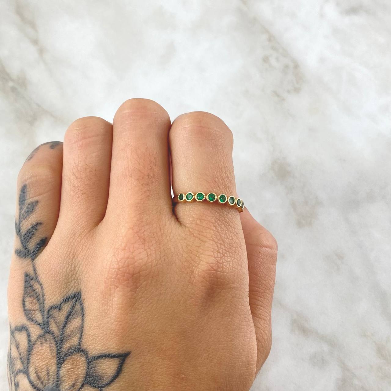 Anillo Ojos Burbujiantes 1.7gr / T7 / Circones Verdes Oro Amarillo 18K