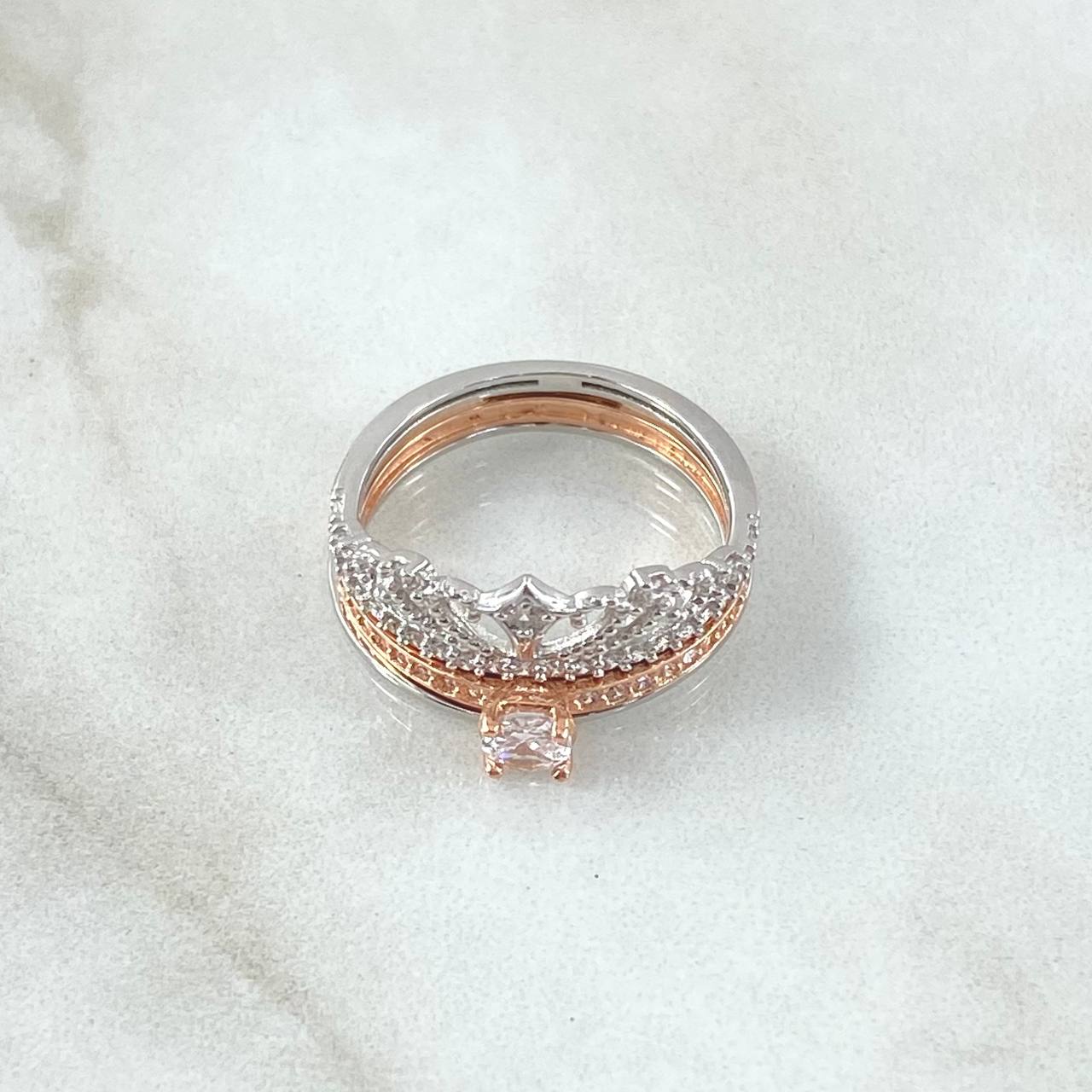 Anillo Corona Real Doble Solitario 4.25gr / T8 / Circones Blancos Dos Oros Blanco Rosa 18K