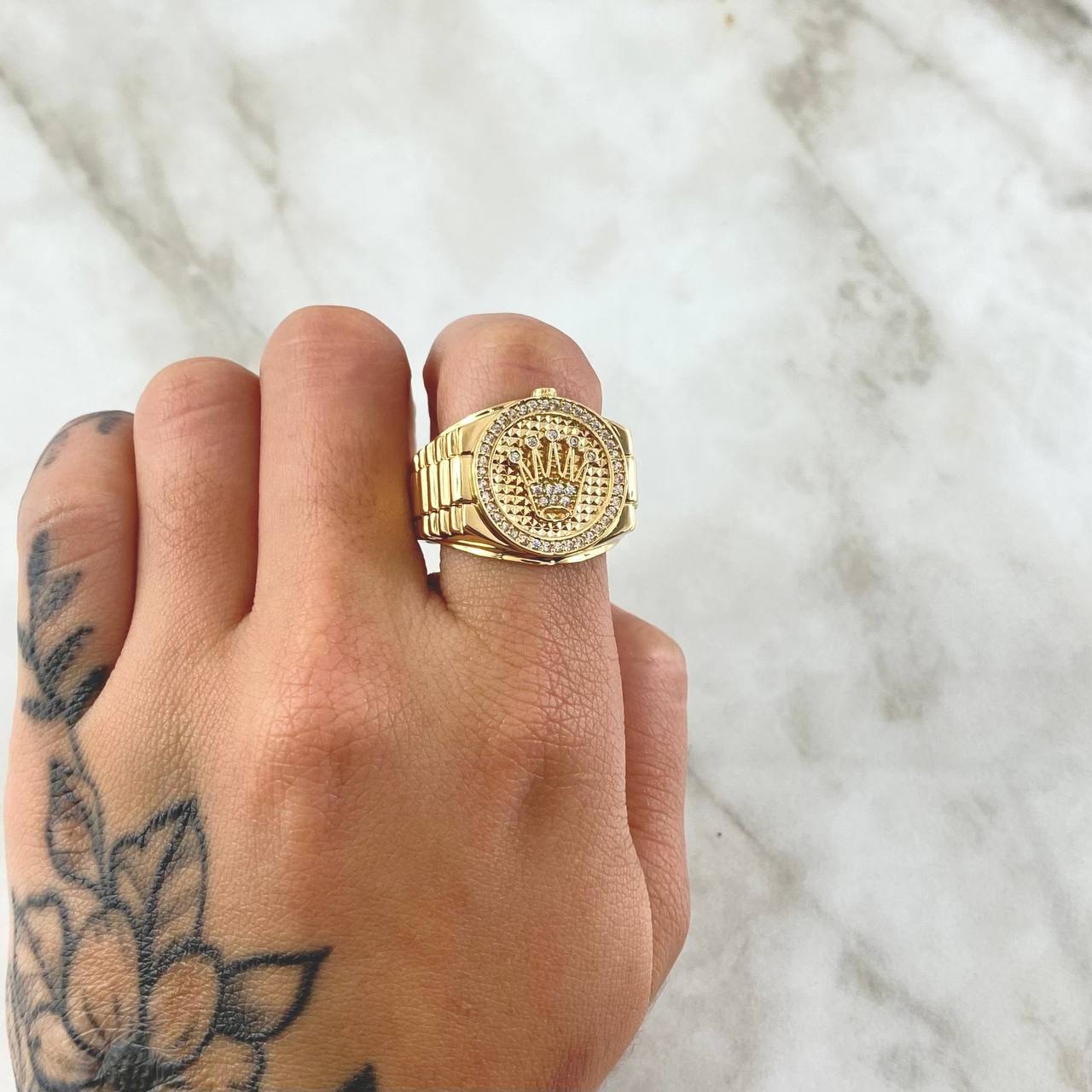 Ring Strap Crown RX Circle 9.5gr / T11 1/2 / White Zircons 18K Yellow Gold ©