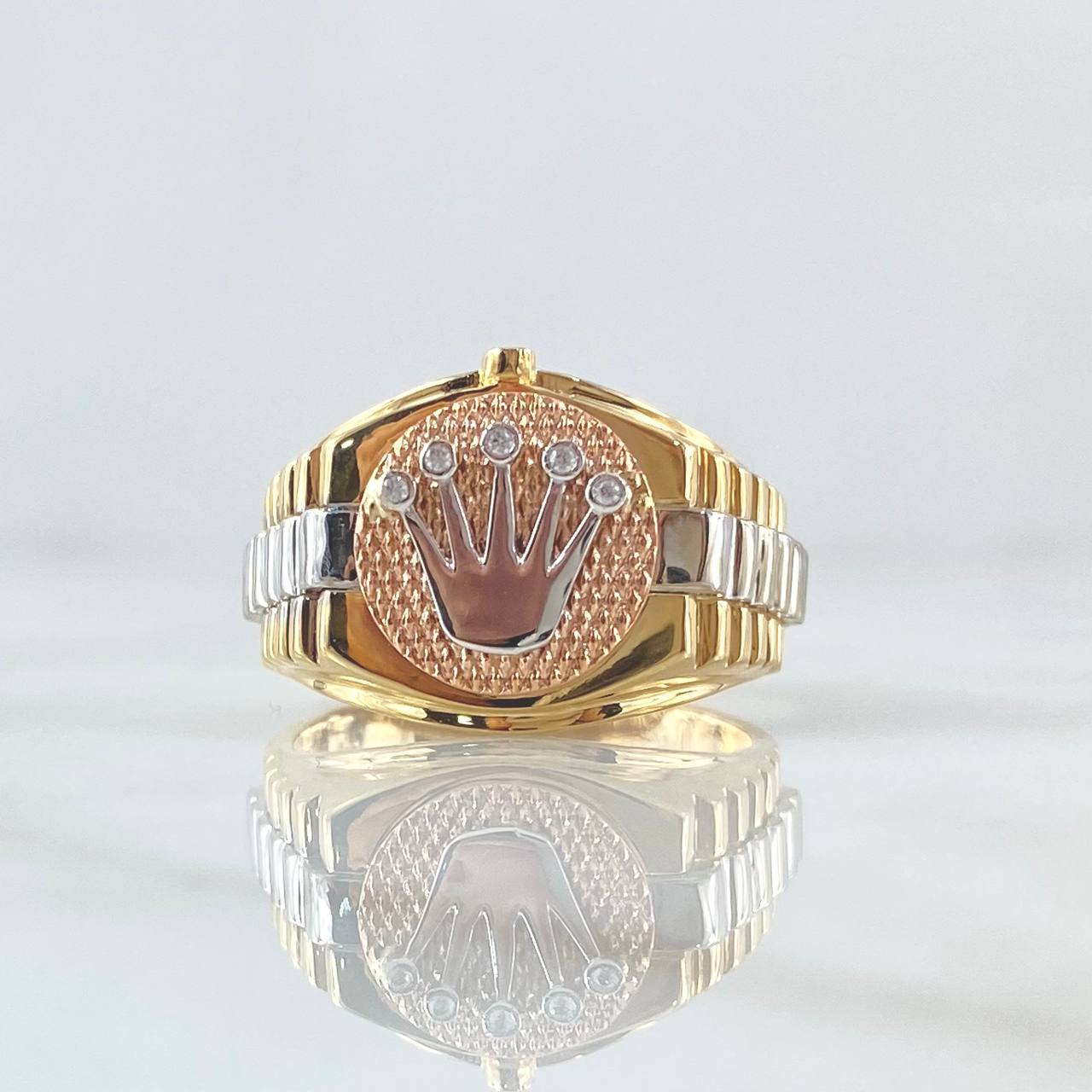 Anillo Corona RX Correa 7.05gr / T10 / Texturizado Circones Blancos Tres Oros 18K ©