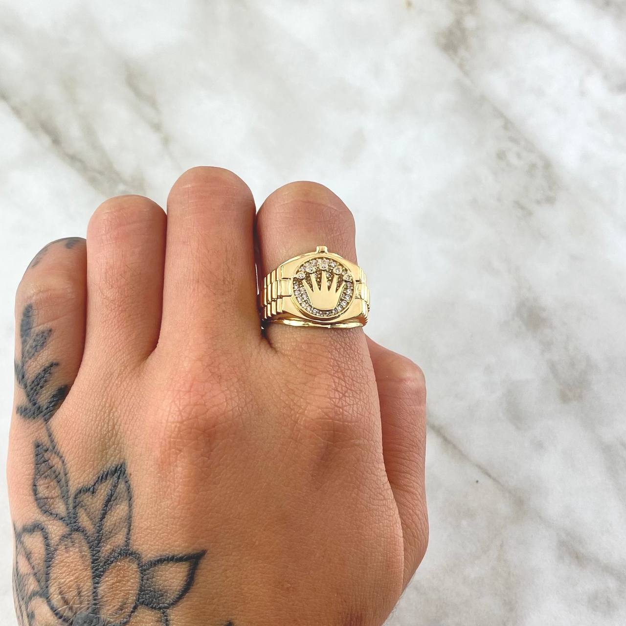 Ring Strap Crown RX 6.6gr / T6 3/4 / White Zircons 18K Yellow Gold ©
