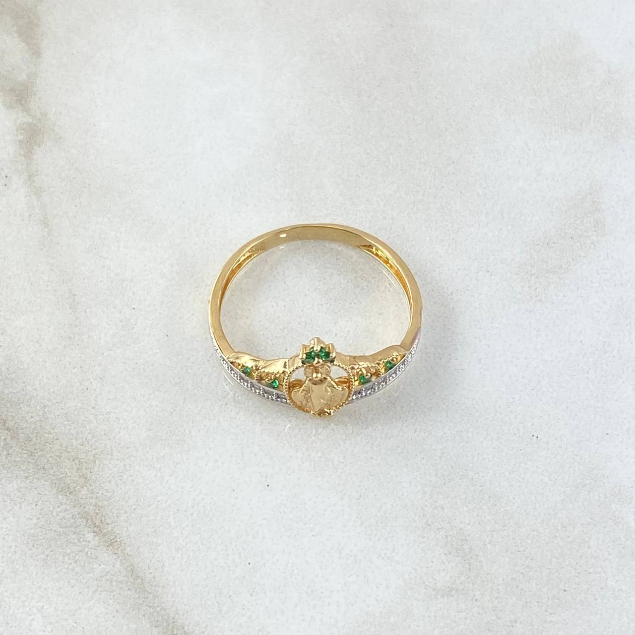 Anillo Corona Virgen Milagrosa 2.35gr / T7 1/4 / Circones Blancos Verdes Dos Oros Amarillo Blanco 18K *