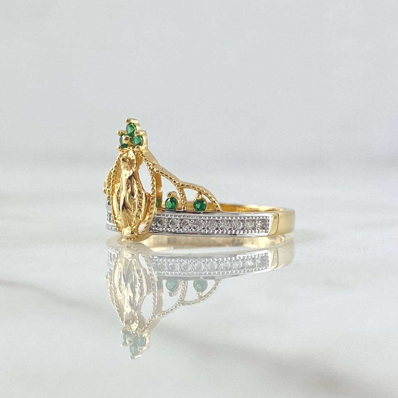 Anillo Corona Virgen Milagrosa 2.35gr / T7 1/4 / Circones Blancos Verdes Dos Oros Amarillo Blanco 18K *
