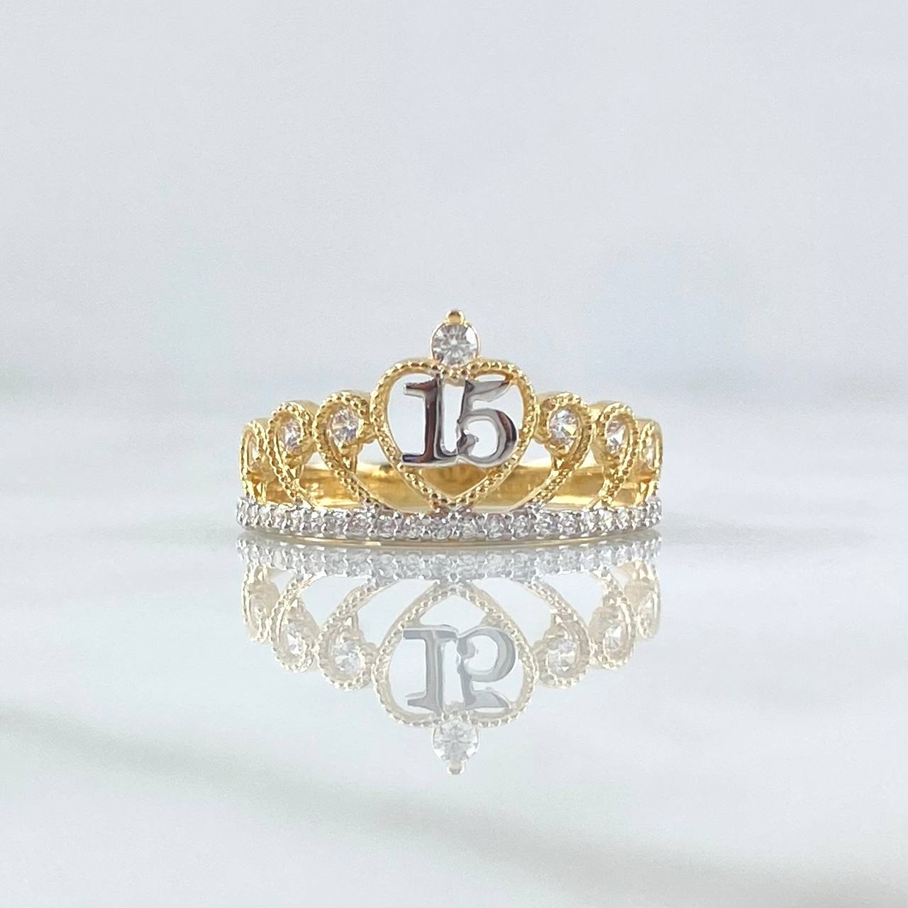 Anillo Corona Corazón 15s 2.4gr / T7 1/4 / Circones Blancos Dos Oros Amarillo Blanco 18K *