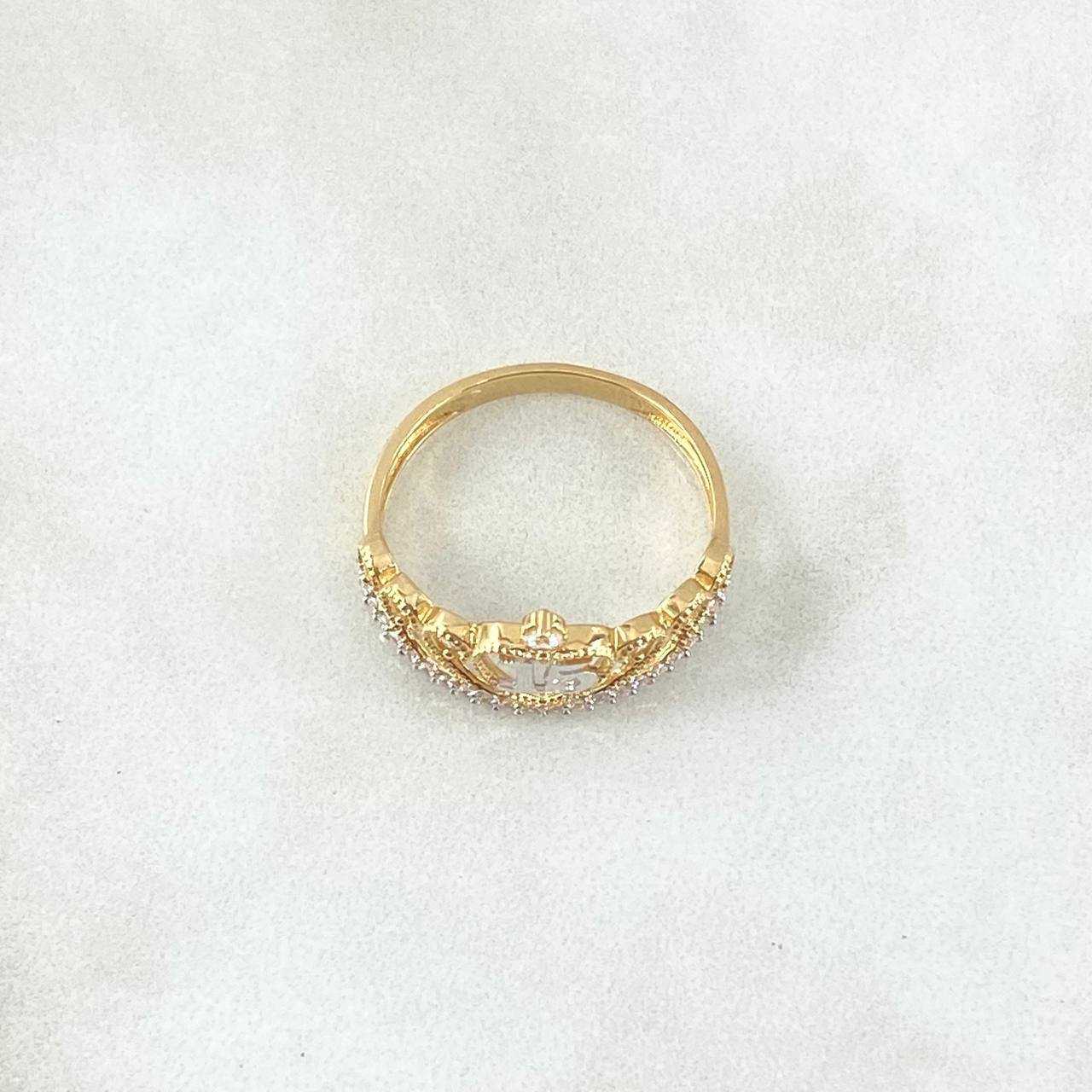 Anillo Corona Corazón 15s 2.4gr / T7 1/4 / Circones Blancos Dos Oros Amarillo Blanco 18K *