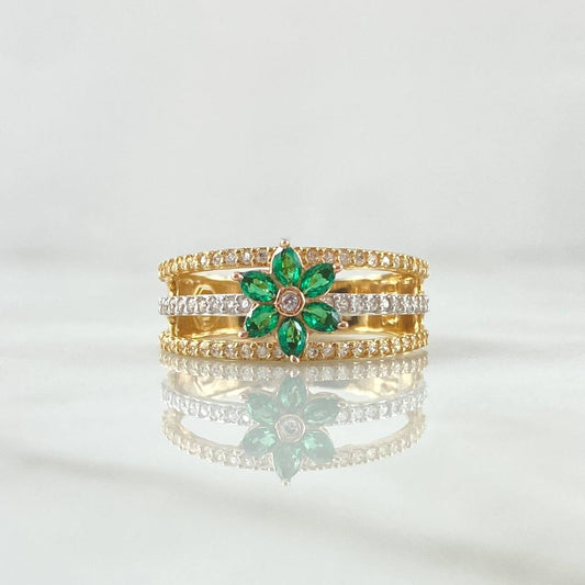 Flower Ring Three Lines 3.8gr / Size 7 1/4 / White and Green Zircons Three 18K Golds