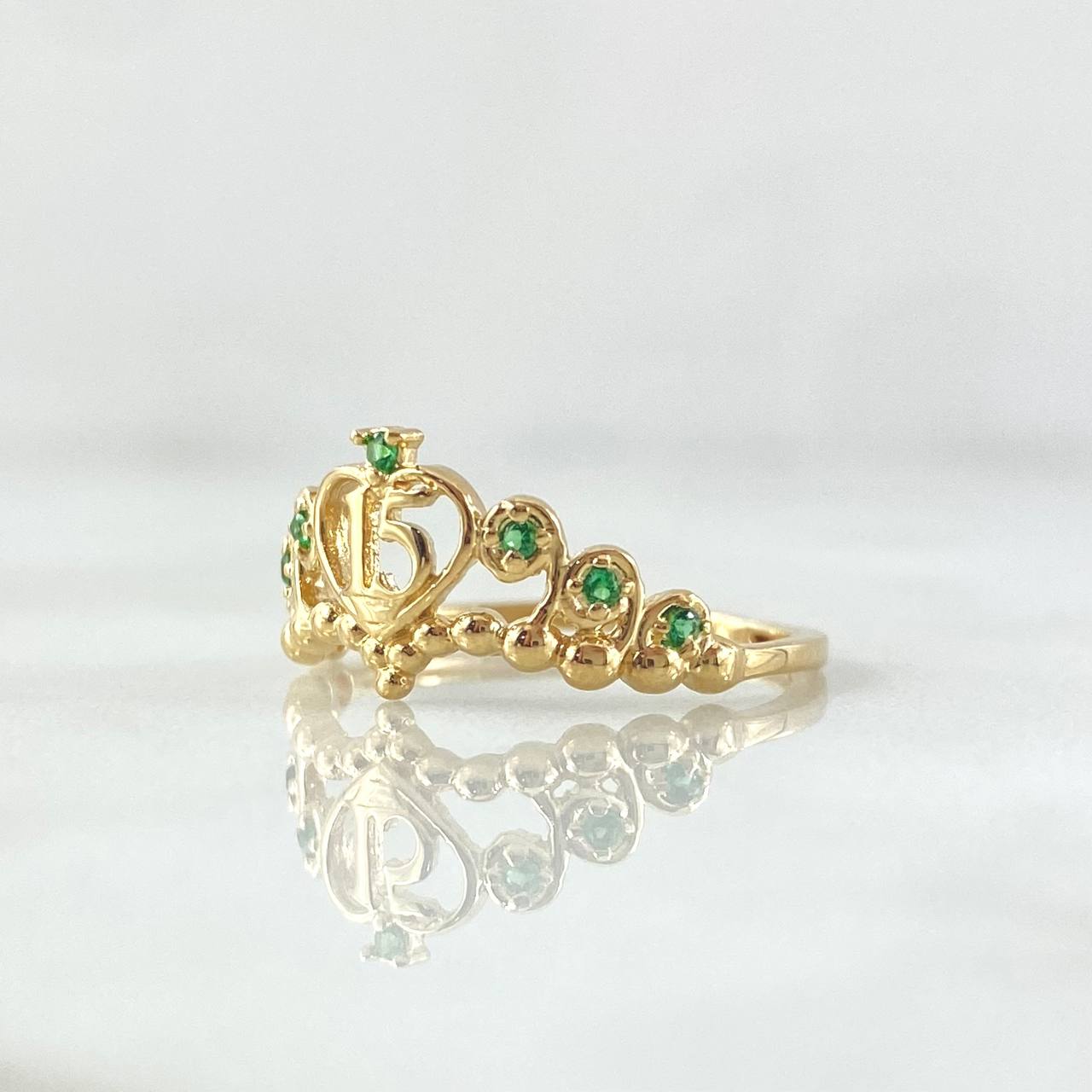 Anillo 15s Corona Bizantina 1.7gr / T6 / Circones Verdes Oro Amarillo 18K