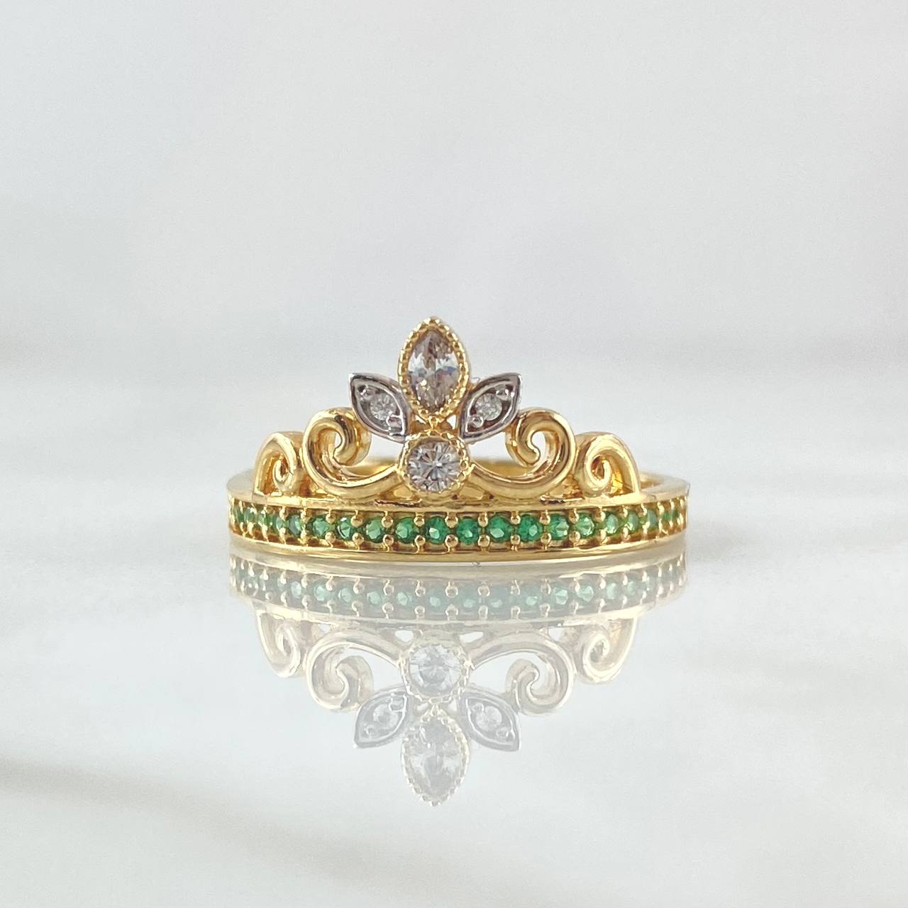 Bouquet Crown Ring 2.55gr / Size 6 3/4 / White Green Zircons 18K Yellow Gold