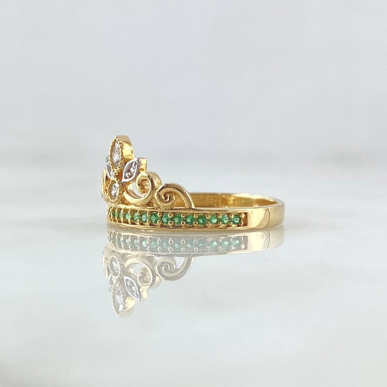 Bouquet Crown Ring 2.55gr / Size 6 3/4 / White Green Zircons 18K Yellow Gold