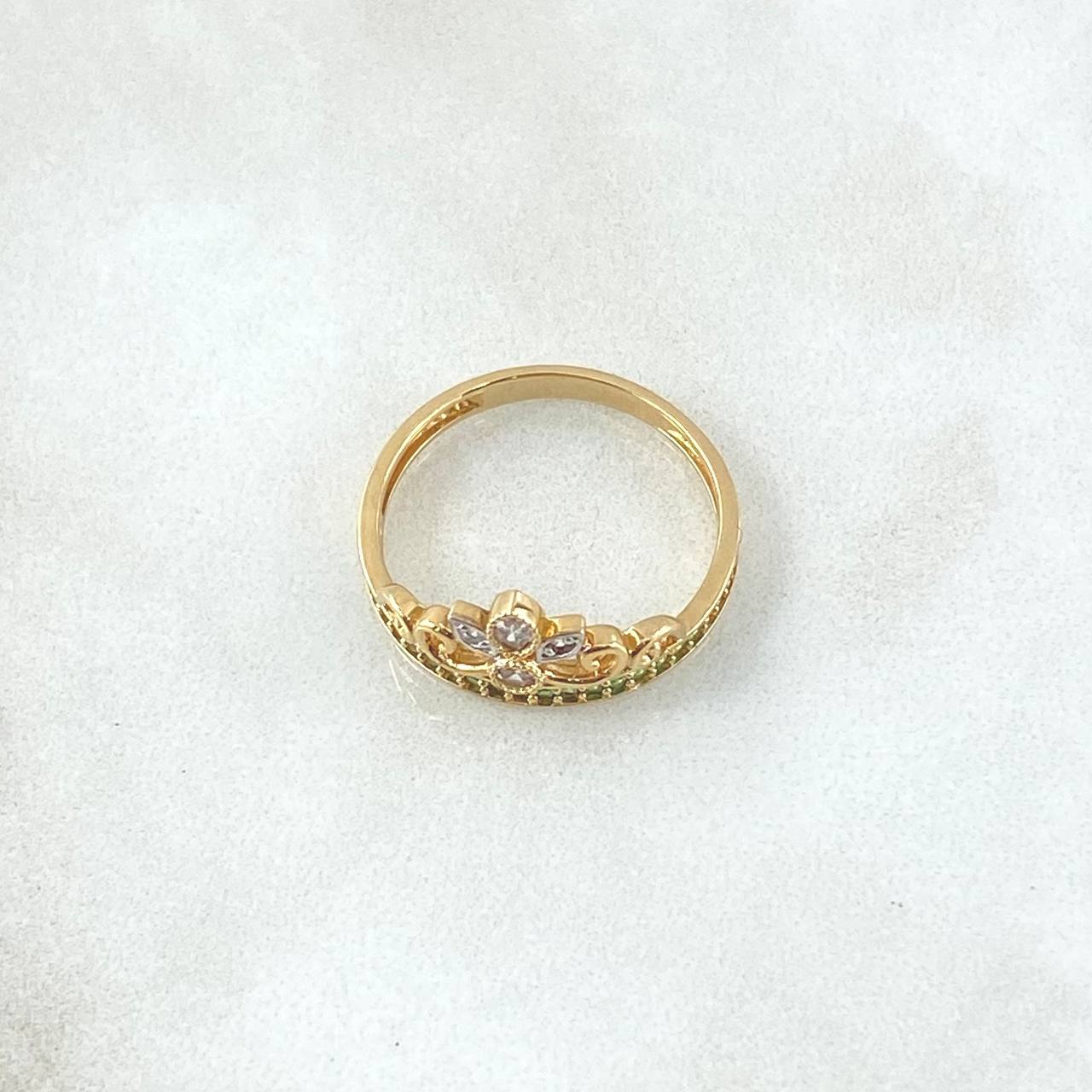 Bouquet Crown Ring 2.55gr / Size 6 3/4 / White Green Zircons 18K Yellow Gold