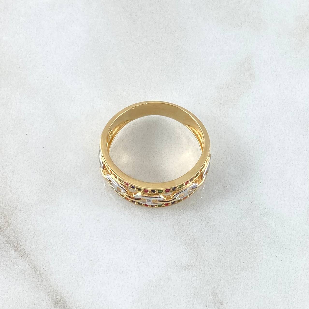 GC Ring Double Rail 4.25gr / Size 7 / Multicolor Zircons Two 18K Yellow and White Golds