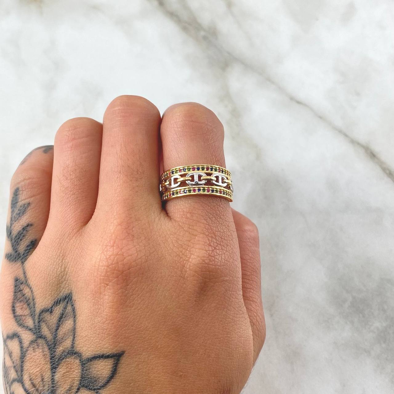 GC Ring Double Rail 4.25gr / Size 7 / Multicolor Zircons Two 18K Yellow and White Golds