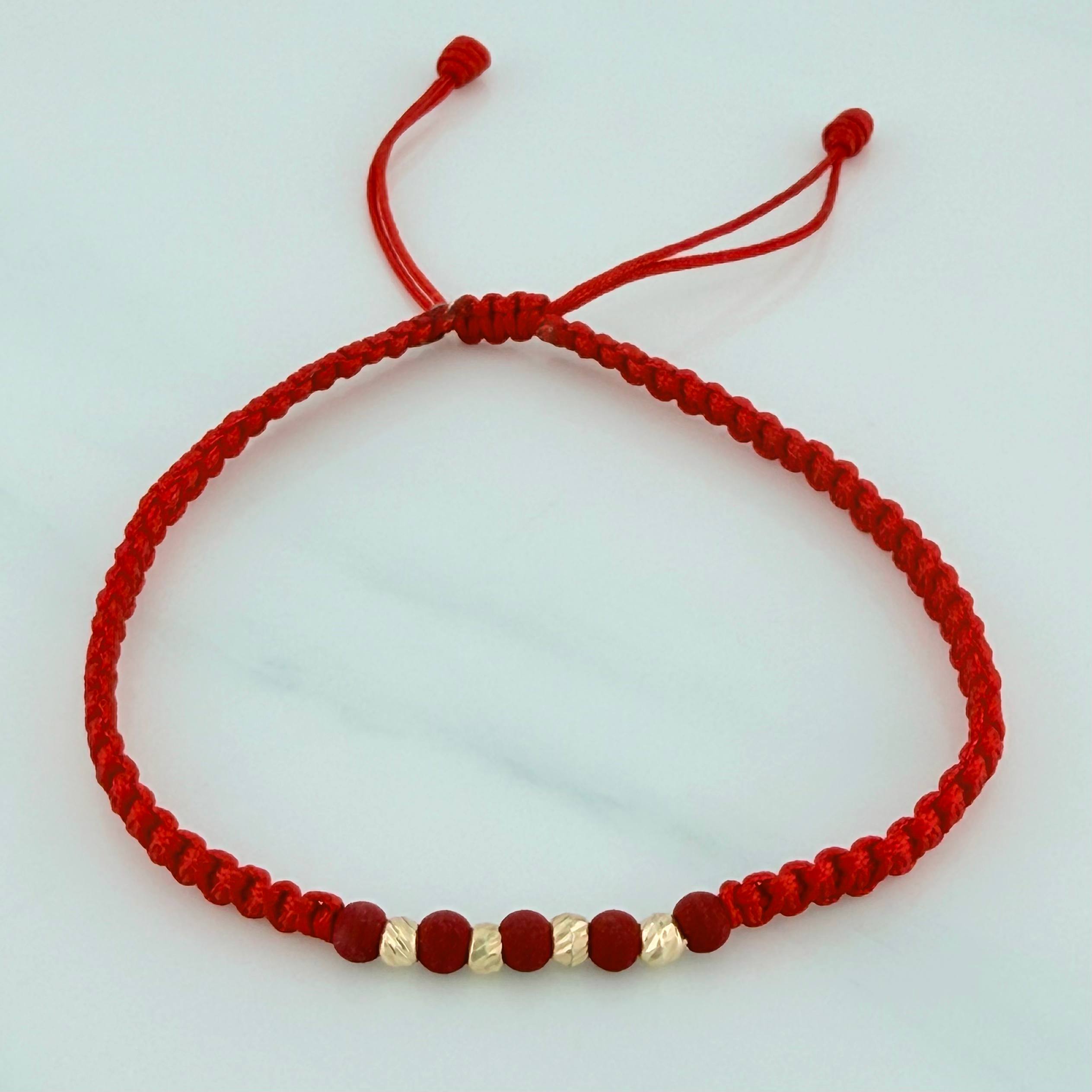 Pulsera Tejida Roja Bolas Diamantadas 3mm Neopreno Oro Amarillo 18K