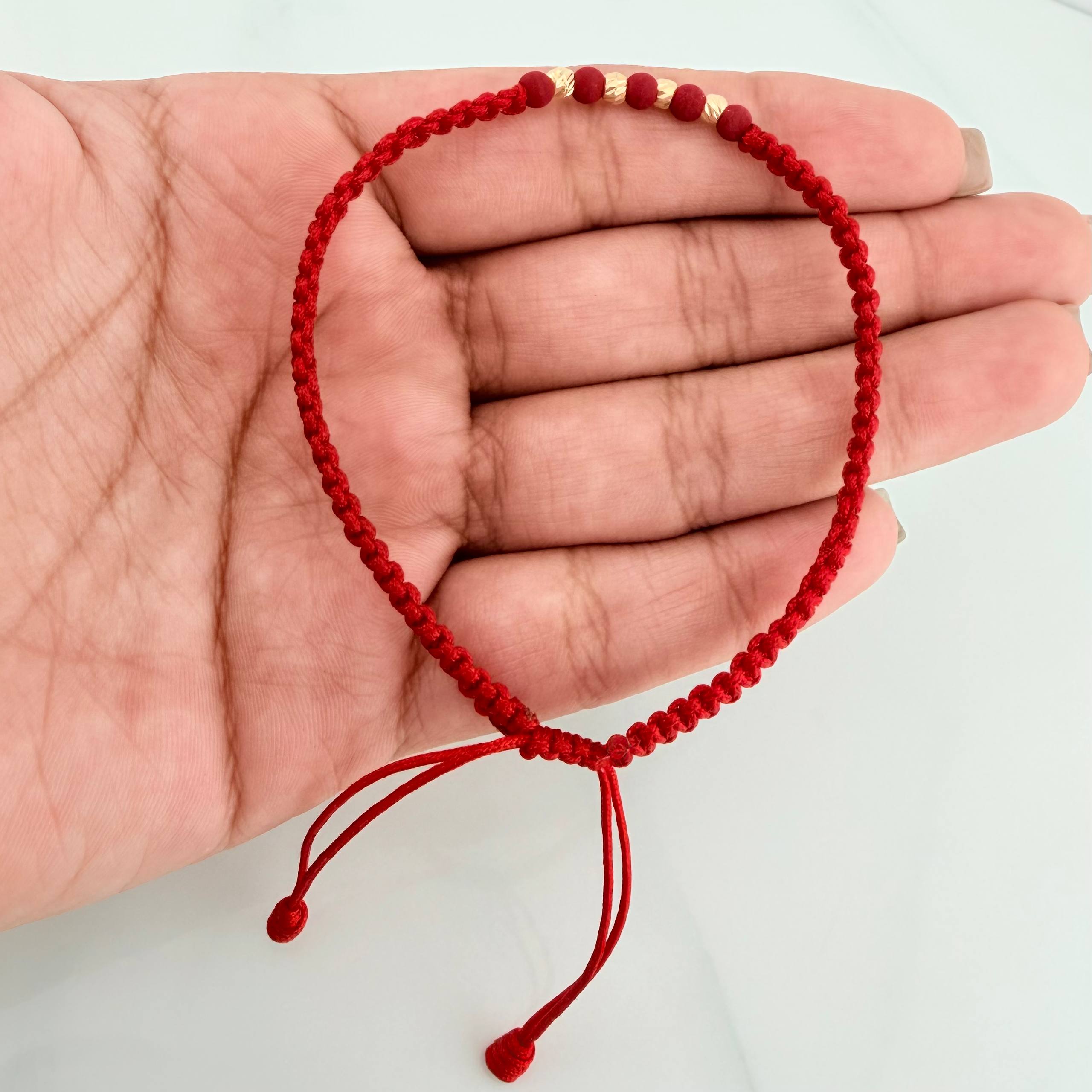 Pulsera Tejida Roja Bolas Diamantadas 3mm Neopreno Oro Amarillo 18K