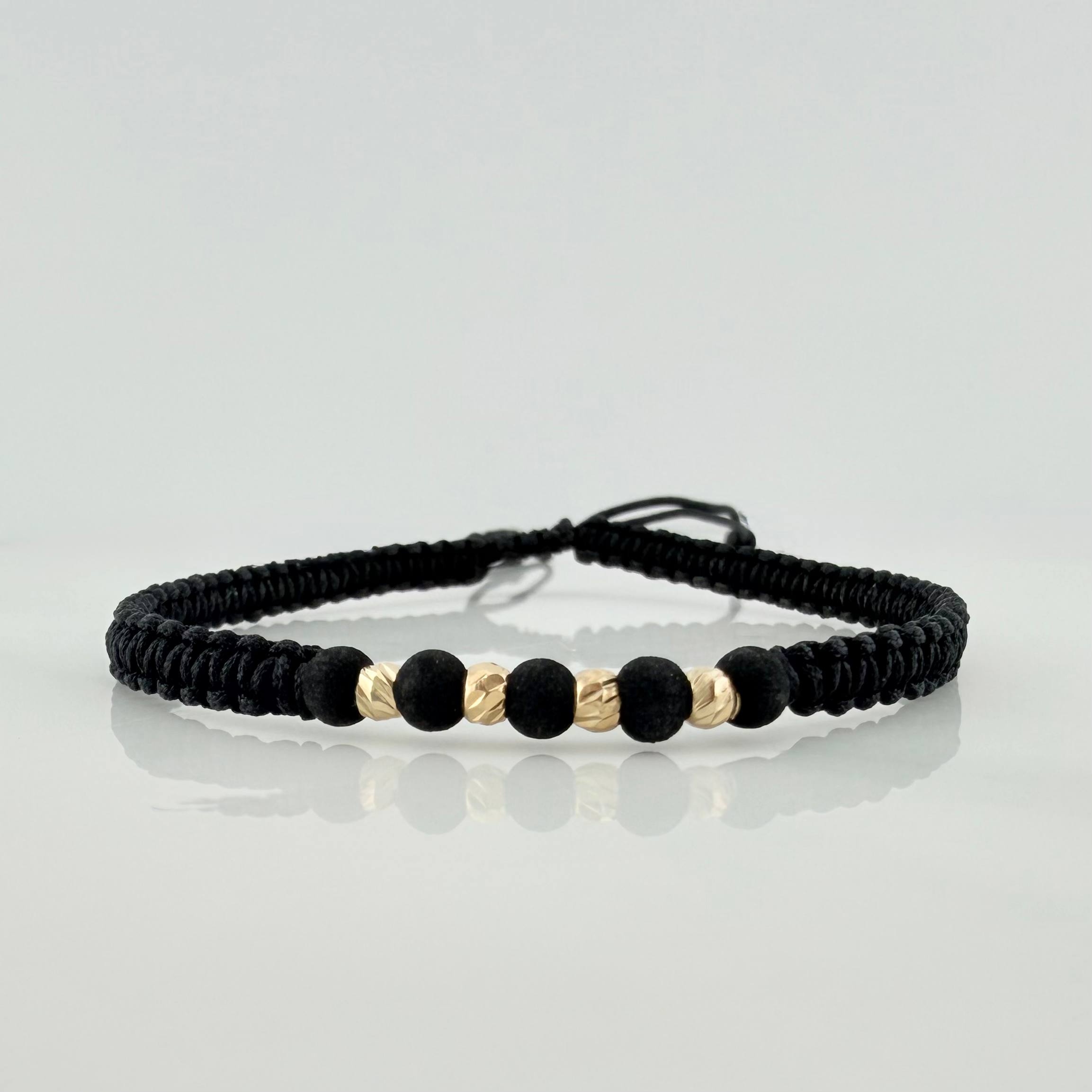 Pulsera Tejida Negra Bolas Diamantadas 3Mm Oro Amarillo 18K