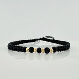 Pulsera Tejida Negra Bolas Diamantadas 3Mm Oro Amarillo 18K