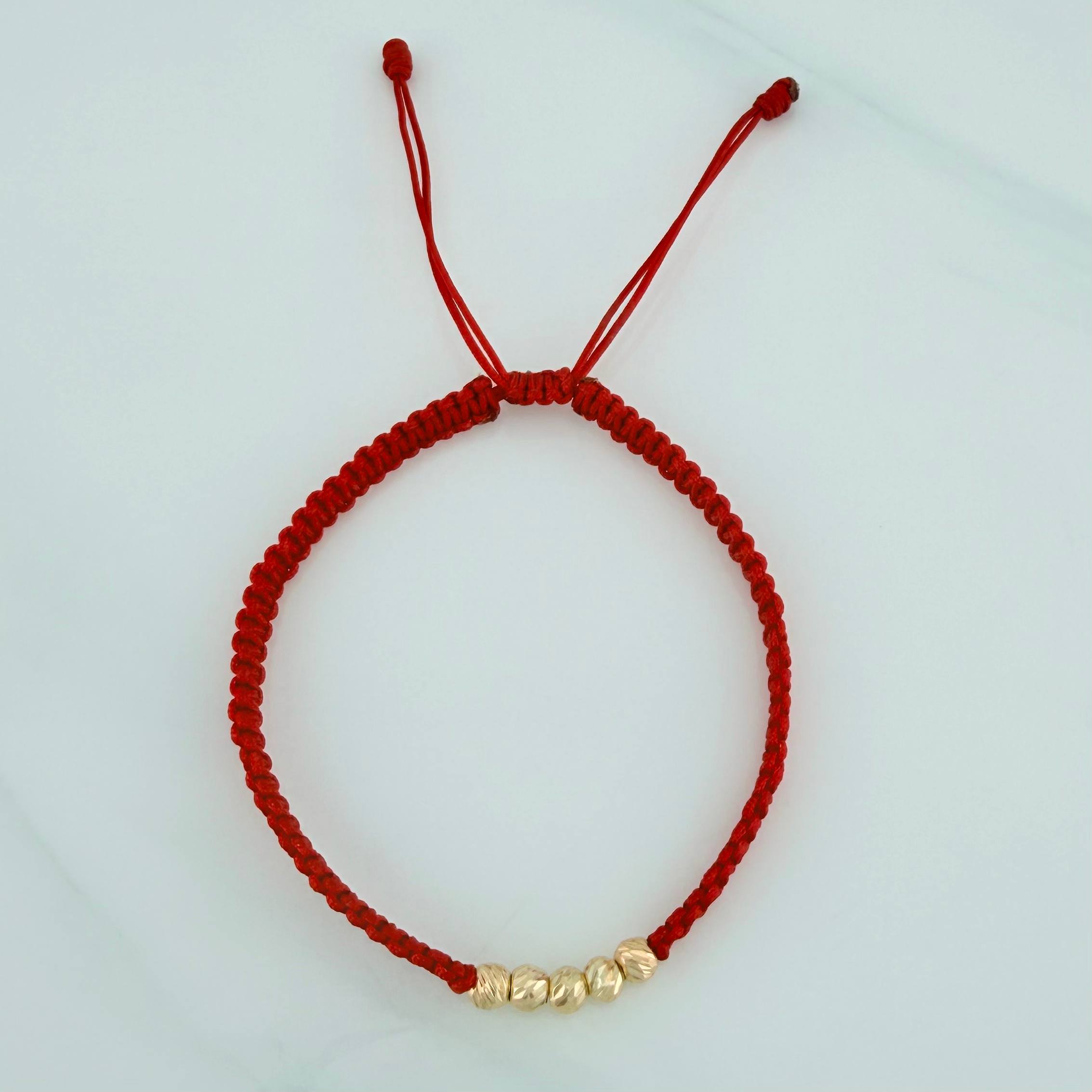 Red Woven Bracelet Diamond Cut Beads 4mm Yellow Gold 18K