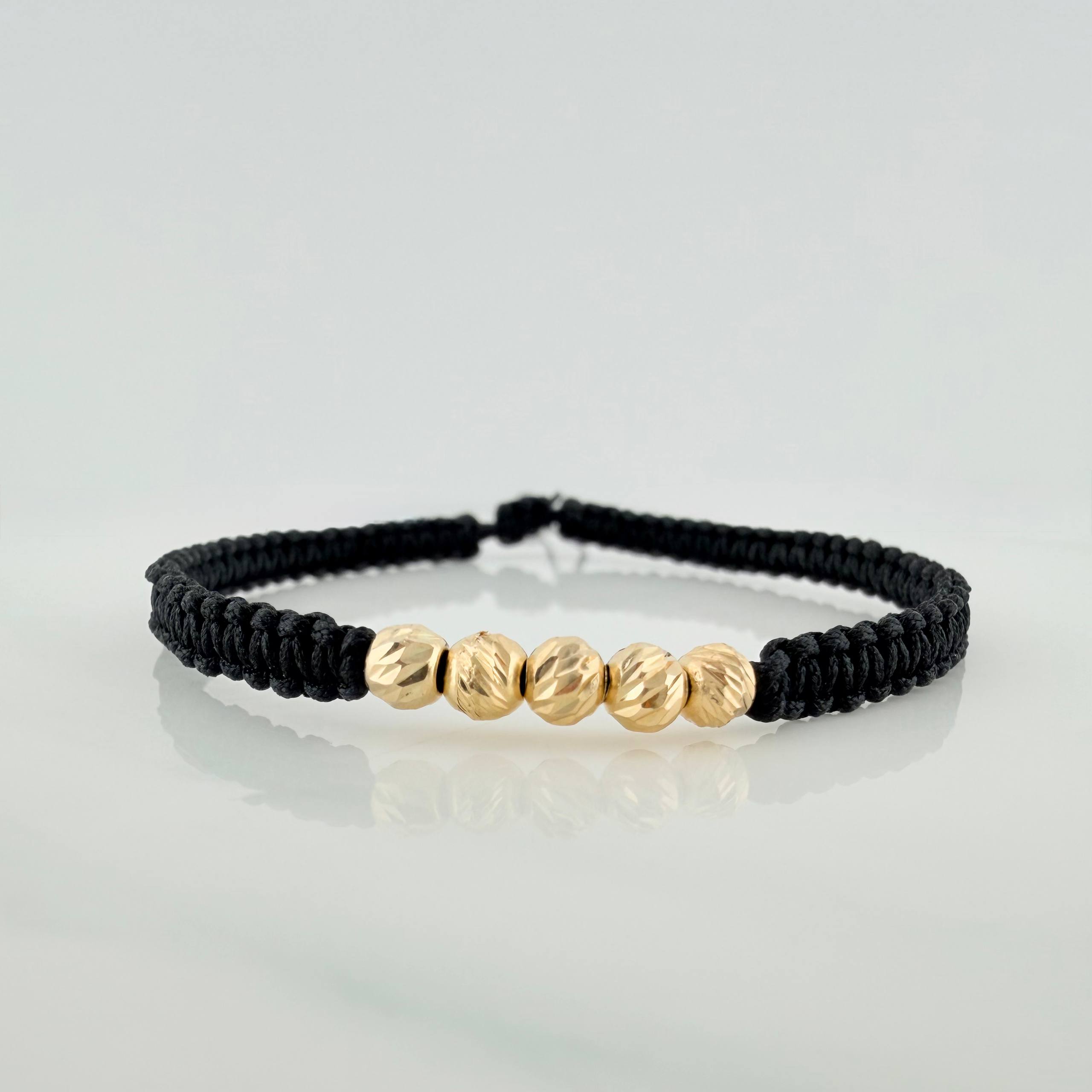 Pulsera Tejida Negra Bolas Diamantadas 4Mm Oro Amarillo 18K