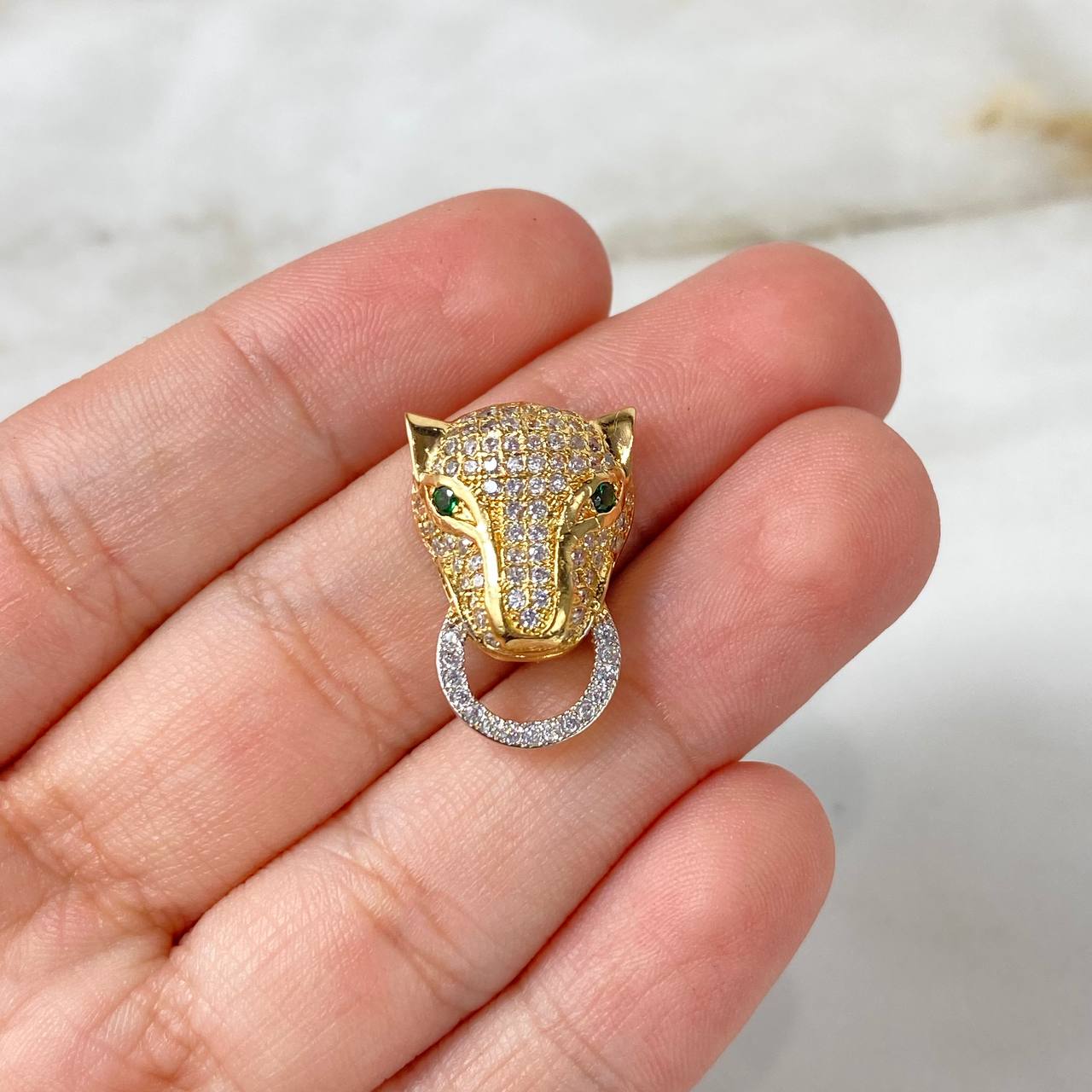 Charm Panther Face 3.3gr / 2cm / White Zircons green Yellow Gold ©