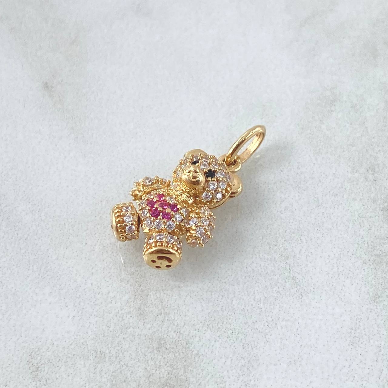 Dije Oso Articulado Flor 2.5gr / 1.9cm / Circones Blancos Fucsia Ojos Negros Oro Amarillo 18K ©